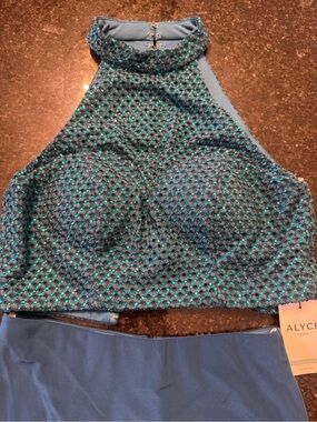 Alyce Paris Teal & Navy Sequin High Neck Crop Top & skirt set